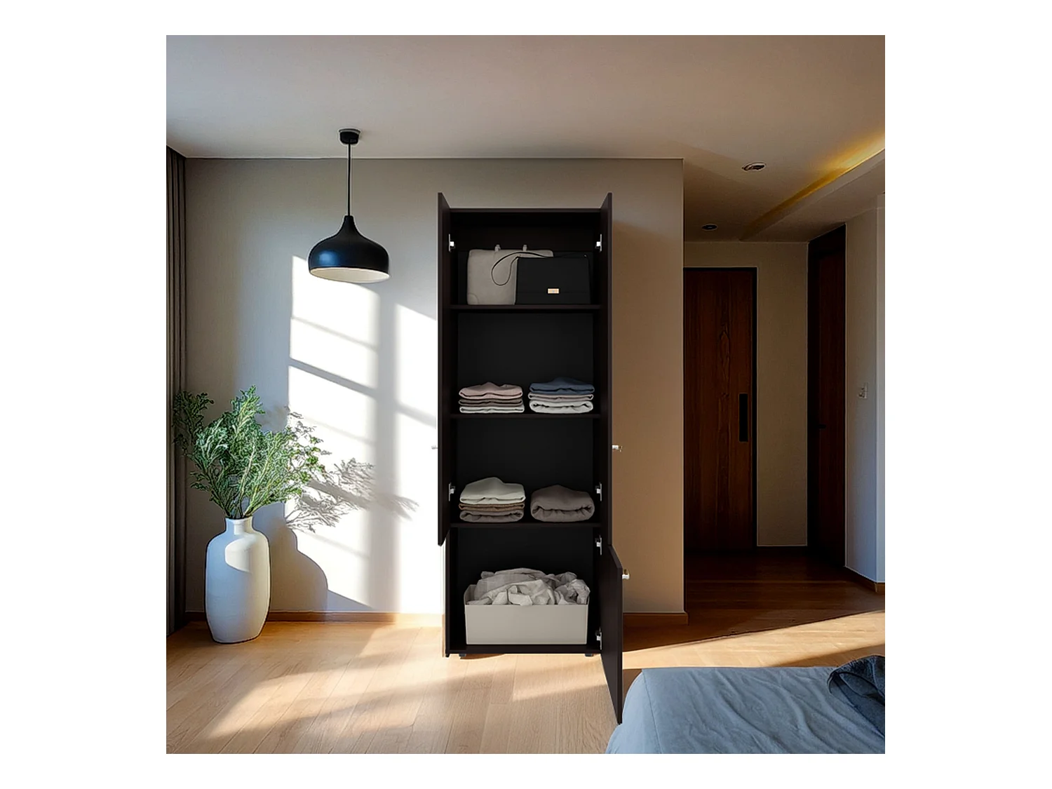 TUHOME Armario alto de 3 puertas con 4 estantes Tolleson, armario independiente para dormitorio o recibidor, nogal teñido