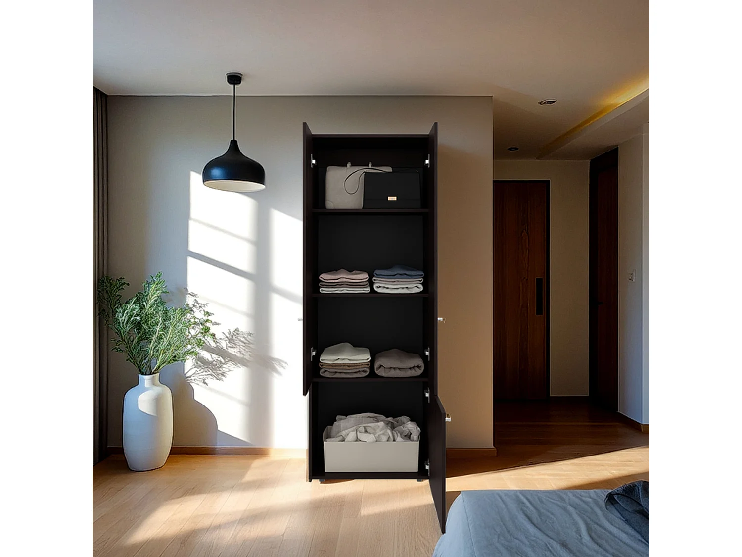 TUHOME Armario alto de 3 puertas con 4 estantes Tolleson, armario independiente para dormitorio o recibidor, nogal teñido