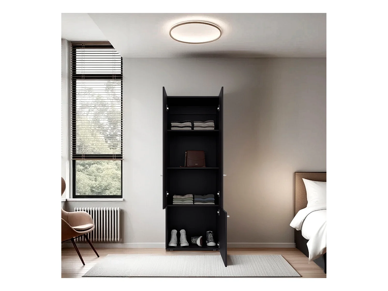 TUHOME Armario alto de 3 puertas con 4 estantes   Armario independiente para dormitorio o recibidor, Wengué