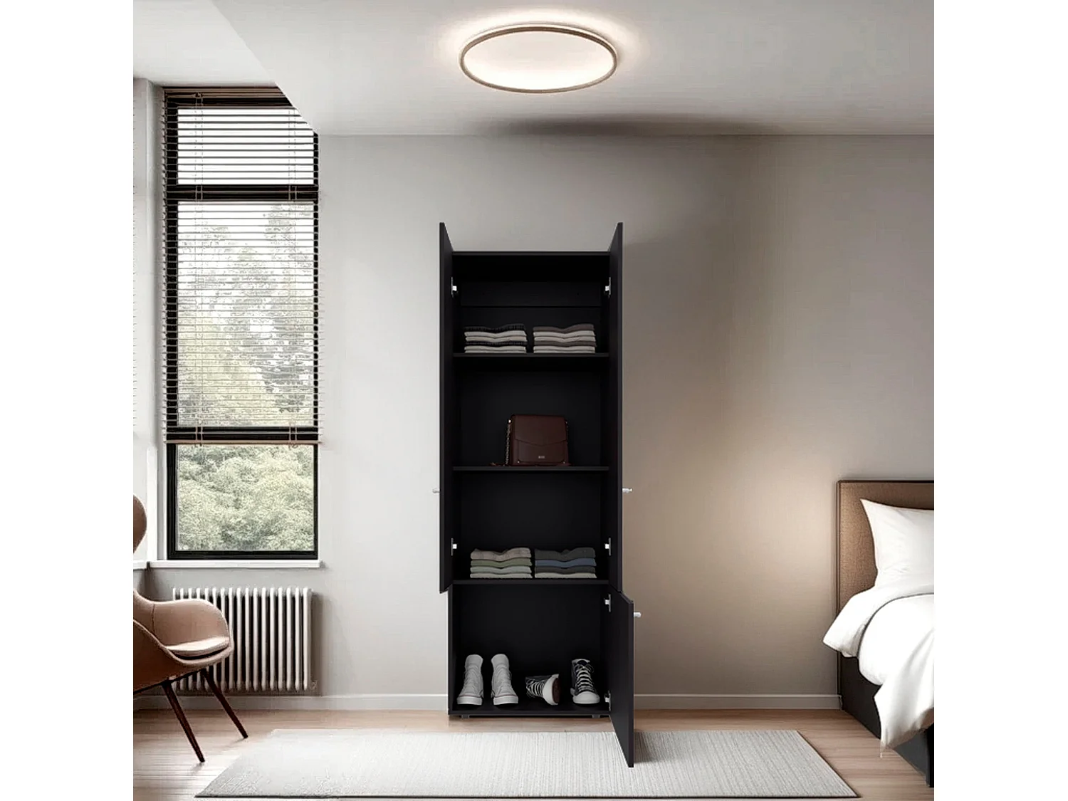 TUHOME Armario alto de 3 puertas con 4 estantes   Armario independiente para dormitorio o recibidor, Wengué