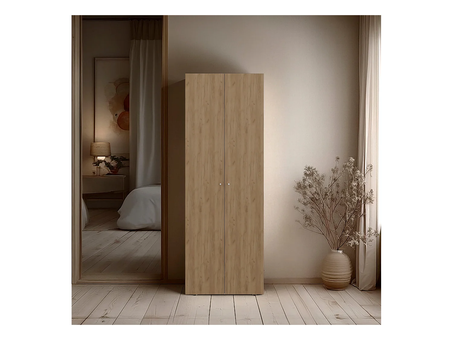 TUHOME lavabo  Armario alto de 2 puertas  dormitorio, Roble natural