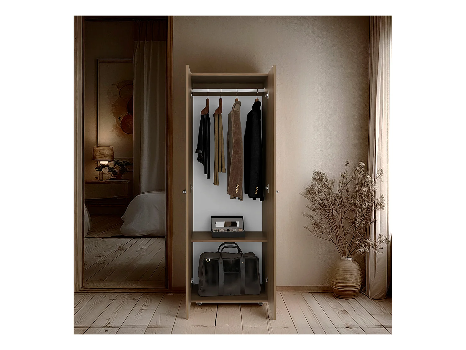 TUHOME lavabo  Armario alto de 2 puertas  dormitorio, Roble natural