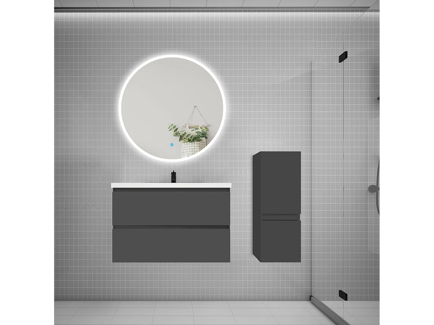 Ensemble meuble vasque L.79cm 2 tiroirs + lavabo + LED miroir rond 90cm + colonne,anthracite