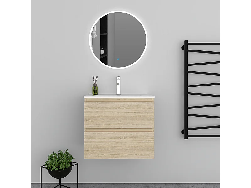 AICA Ensemble meuble de salle de bain Vasque L.60cm 2 tiroirs + lavabo + LED Miroir Rond 60cm, Chêne