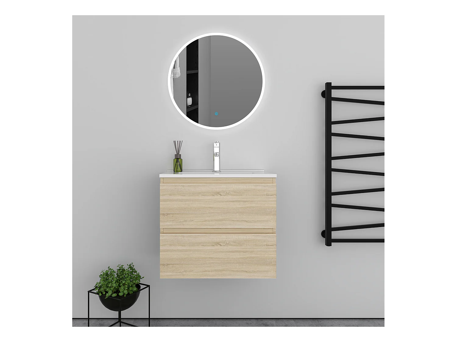 AICA Ensemble meuble de salle de bain Vasque L.60cm 2 tiroirs + lavabo + LED Miroir Rond 60cm, Chêne