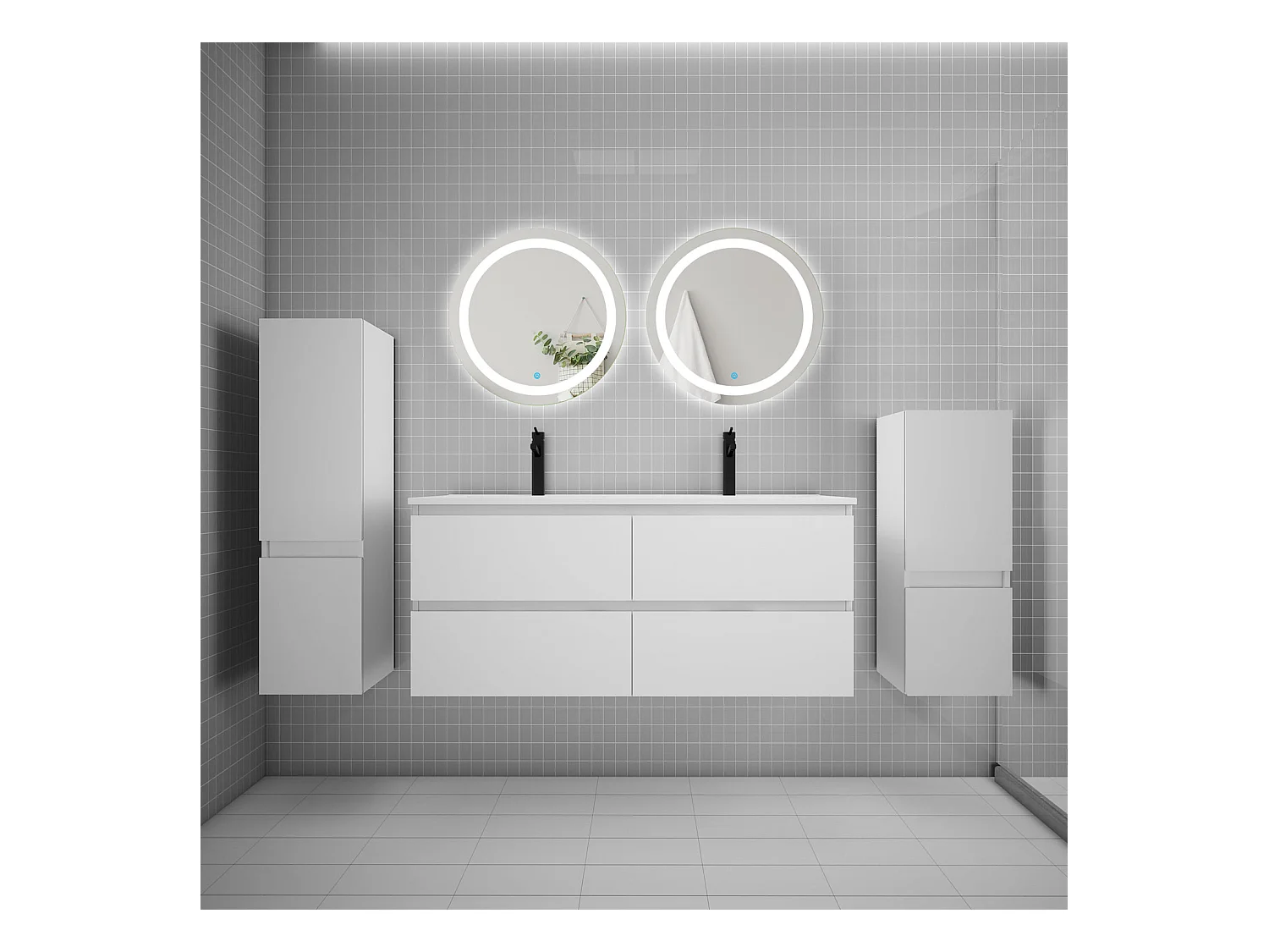 AICA Ensemble meuble de salle de bain double Vasque 120cm + 4 tiroirs + lavabo + 2*LED Miroirs Rond 60cm + 2*Colonne,Blanc