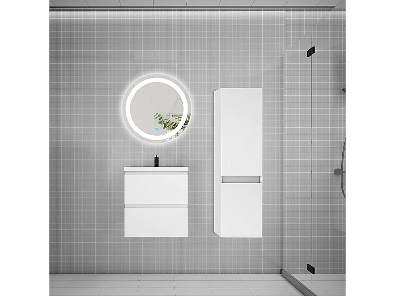 AICA Ensemble meuble de salle de bain Vasque 50cm + 2 tiroirs + lavabo + LED Miroir Rond 60cm + Colonne,Anthracite