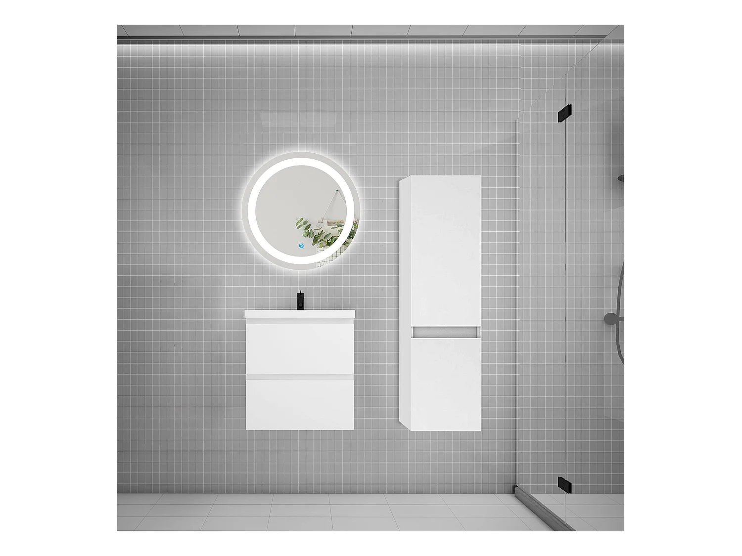 AICA Ensemble meuble de salle de bain Vasque 50cm + 2 tiroirs + lavabo + LED Miroir Rond 60cm + Colonne,Anthracite