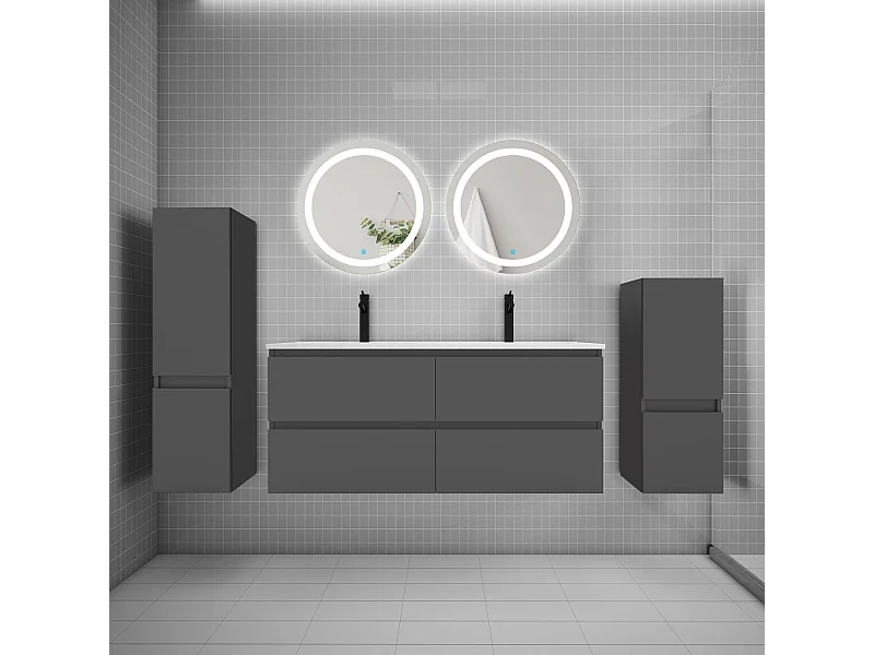 Ensemble meuble double vasque L.120cm 4 tiroirs + lavabo + 2*LED miroirs rond 60cm + 2*colonne,anthracite design