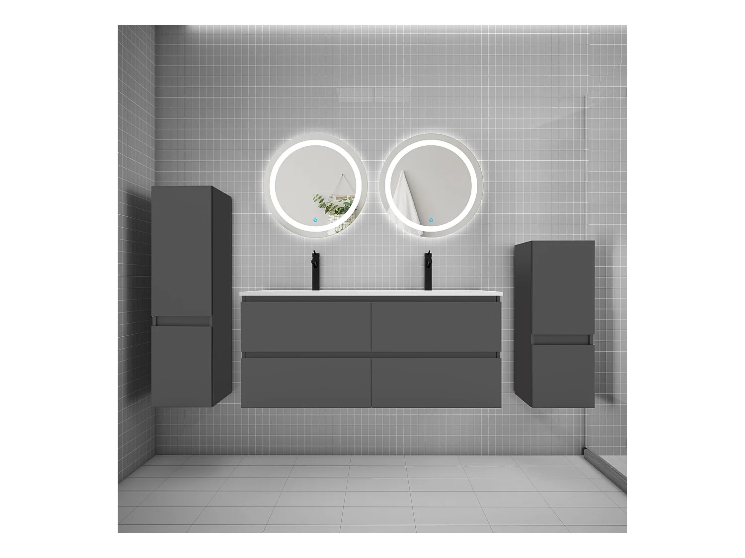AICA Ensemble meuble de salle de bain double Vasque 120cm + 4 tiroirs + lavabo + 2*LED Miroirs Rond 60cm + 2*Colonne, Anthracite