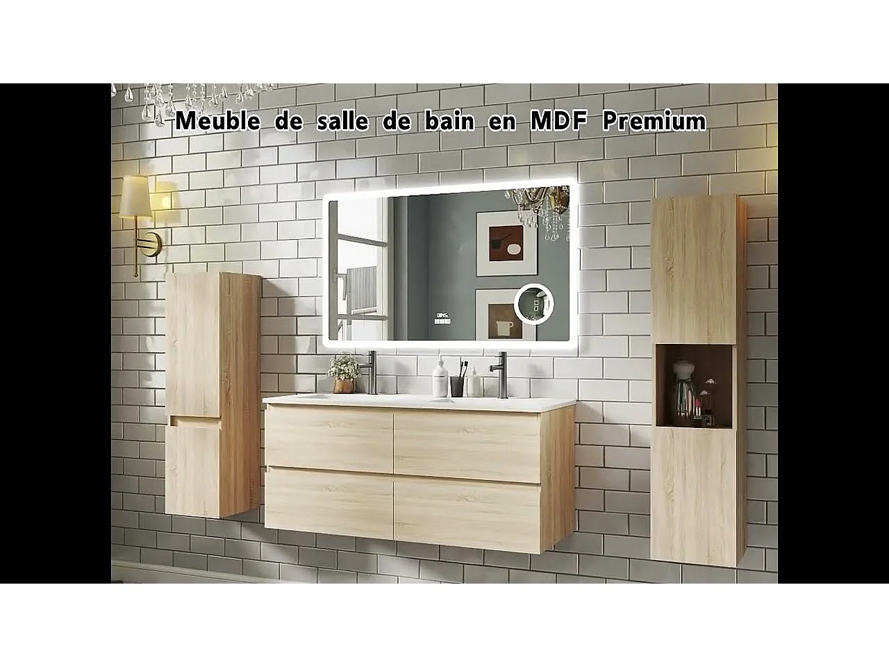 Ensemble meuble double vasque L.120cm 4 tiroirs + lavabo + 2*LED miroirs rond 60cm + 2*colonne,anthracite design