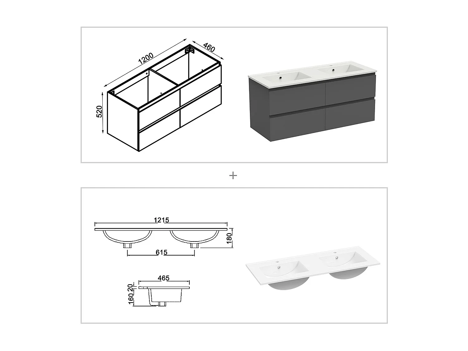 Ensemble meuble double vasque L.120cm 4 tiroirs + lavabo + 2*LED miroirs rond 60cm + 2*colonne,anthracite design