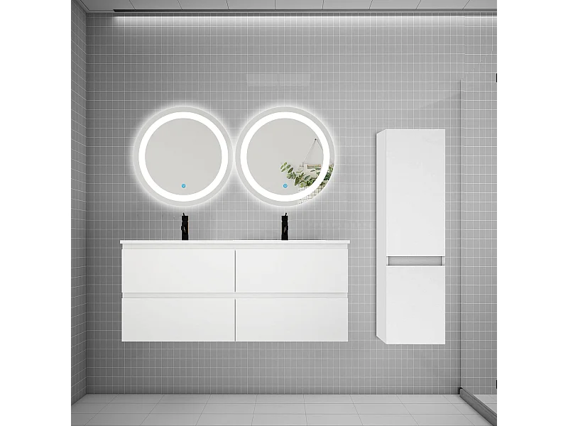 AICA Ensemble meuble de salle de bain double Vasque 120cm + 4 tiroirs + lavabo + 2*LED Miroirs Rond 60cm + Colonne,Blanc