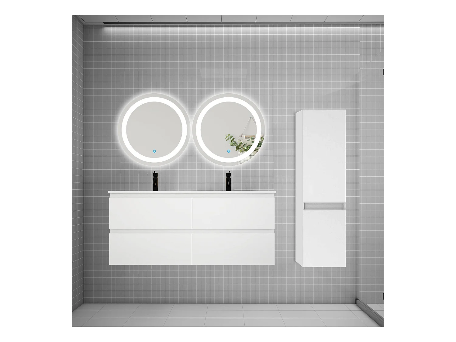AICA Ensemble meuble de salle de bain double Vasque 120cm + 4 tiroirs + lavabo + 2*LED Miroirs Rond 60cm + Colonne,Blanc