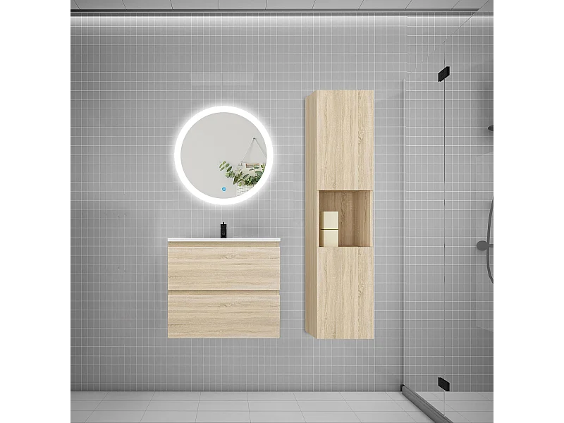 AICA Ensemble meuble de salle de bain Vasque 60cm avec 2 tiroirs + lavabo + LED Miroir Rond 60cm + Colonne, Chêne