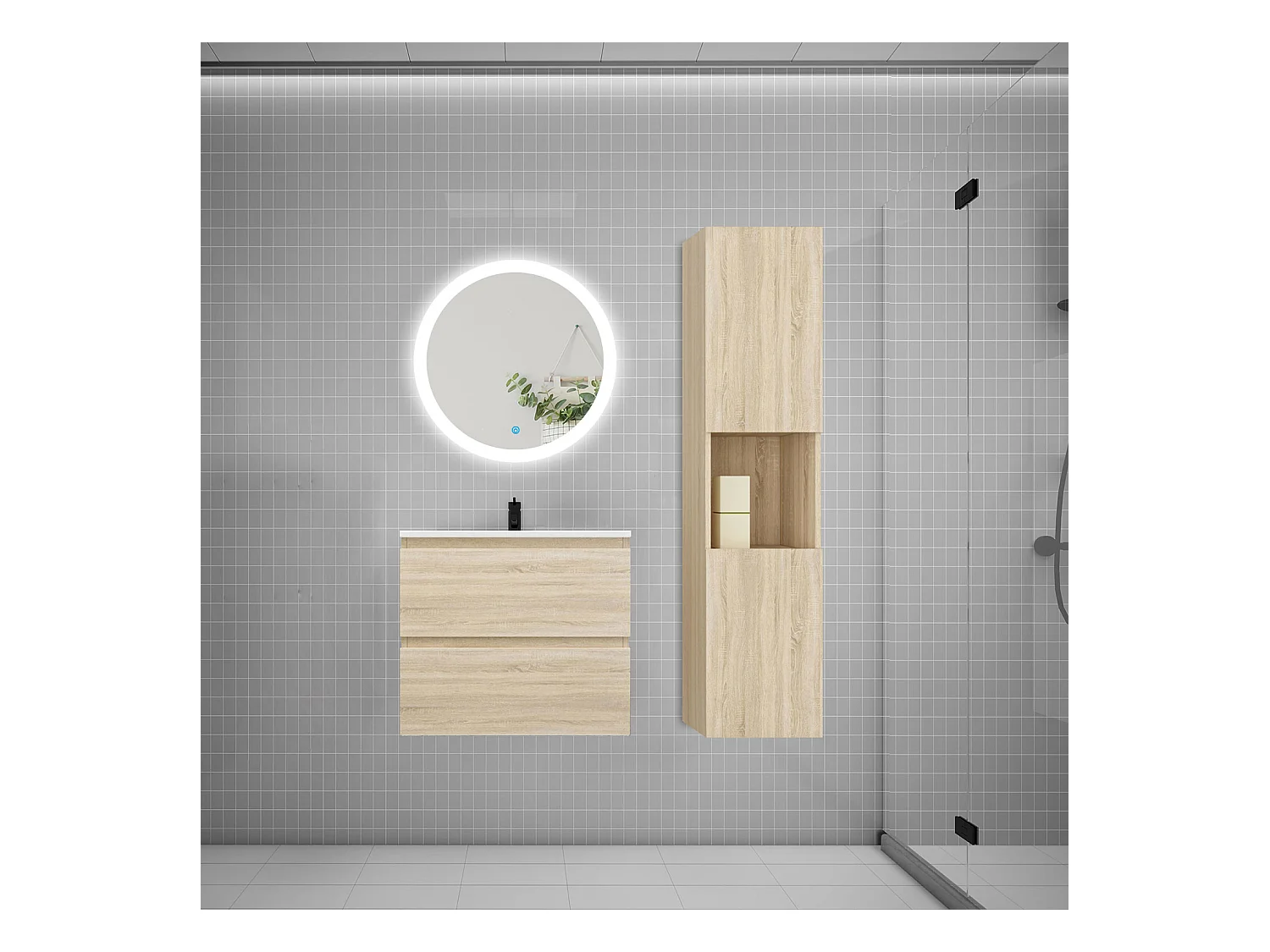 AICA Ensemble meuble de salle de bain Vasque 60cm avec 2 tiroirs + lavabo + LED Miroir Rond 60cm + Colonne, Chêne