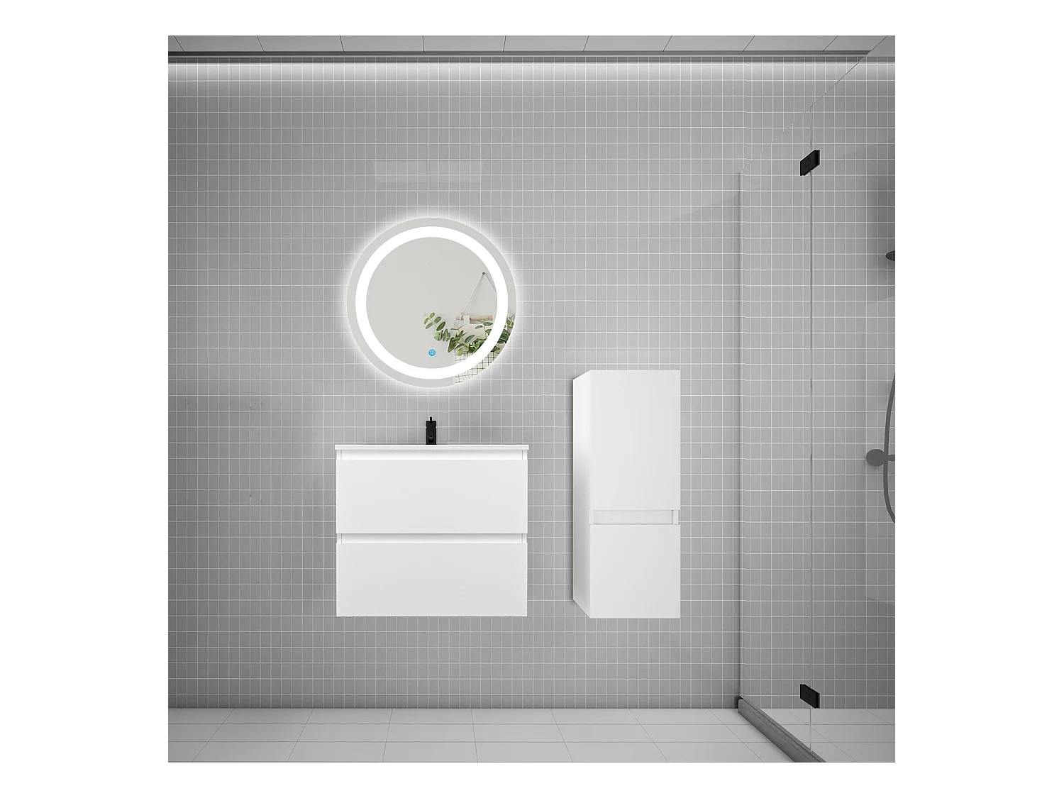 AICA Ensemble meuble de salle de bain Vasque 60cm + 2 tiroirs + lavabo + LED Miroir Rond 60cm + Colonne,Blanc