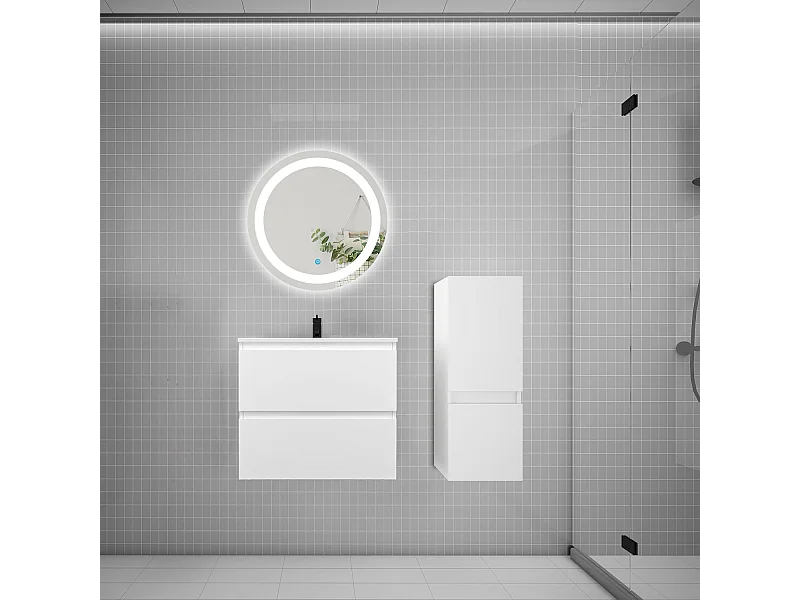 Ensemble meuble vasque L.60cm 2 tiroirs + lavabo + LED miroir rond 60cm + colonne,blanc meuble