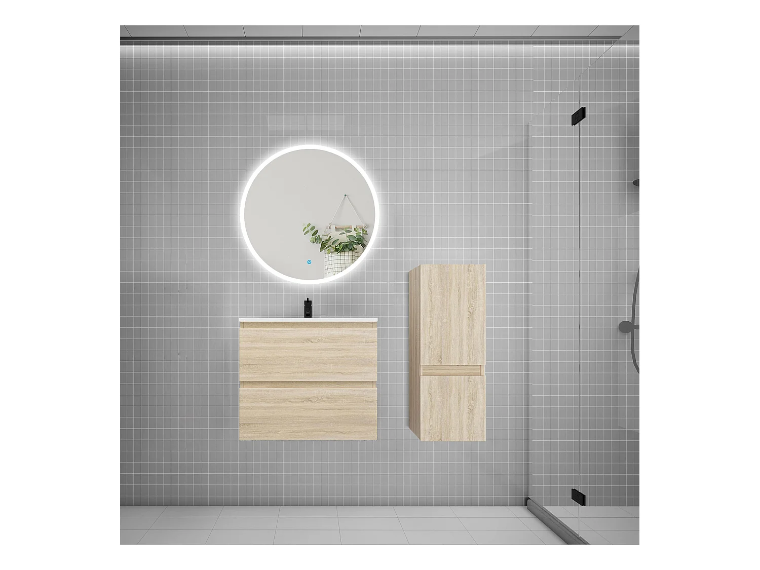 AICA Ensemble meuble de salle de bain Vasque L.60cm 2 tiroirs + lavabo + LED Miroir Rond 70cm + Colonne, Chêne