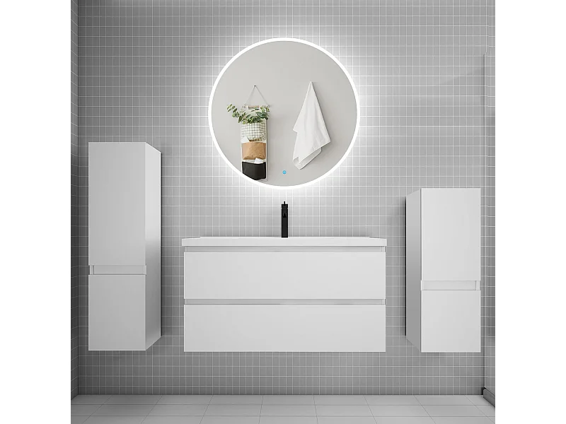 AICA Ensemble meuble de salle de bain Vasque L.99cm 2 tiroirs + lavabo + LED Miroir Rond 90cm + 2*Colonne,Blanc