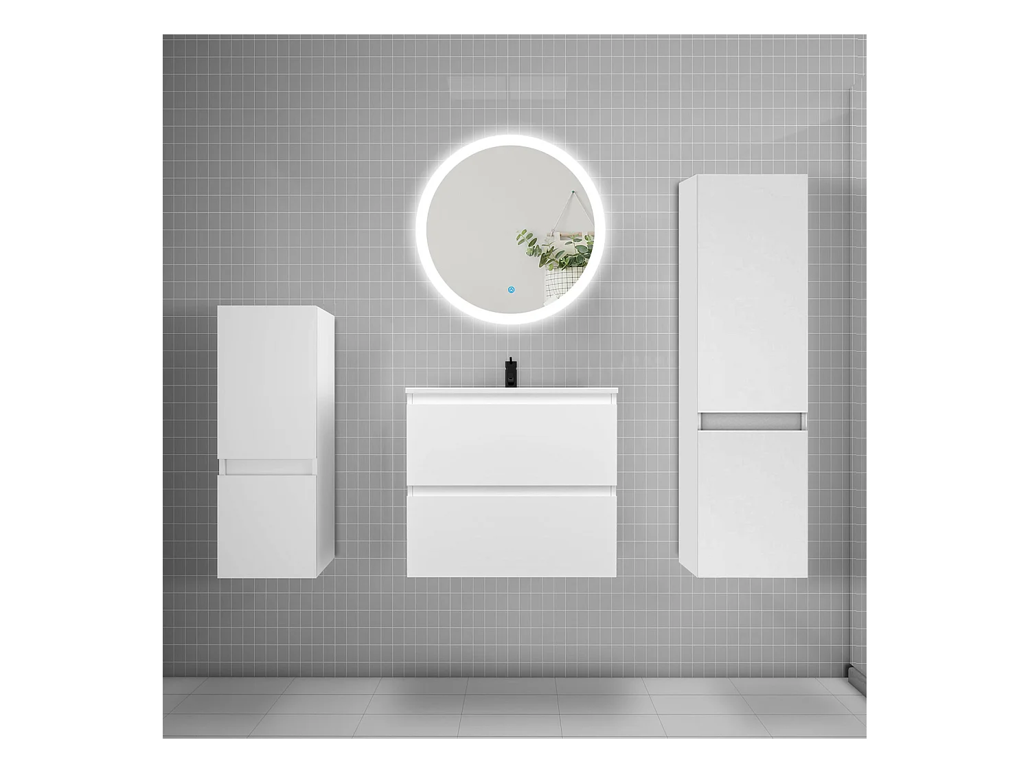 AICA Ensemble meuble de salle de bain Vasque 60cm avec 2 tiroirs + lavabo + LED Miroir 60cm + 2*Colonne,Blanc