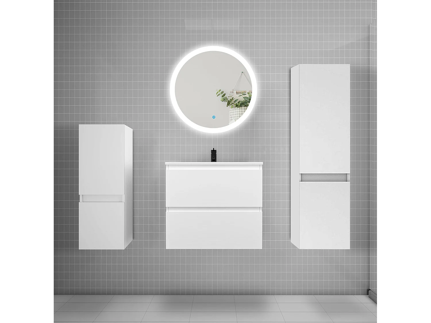 Ensemble meuble vasque L.60cm 2 tiroirs + lavabo + LED miroir 60cm + 2*colonne,blanc