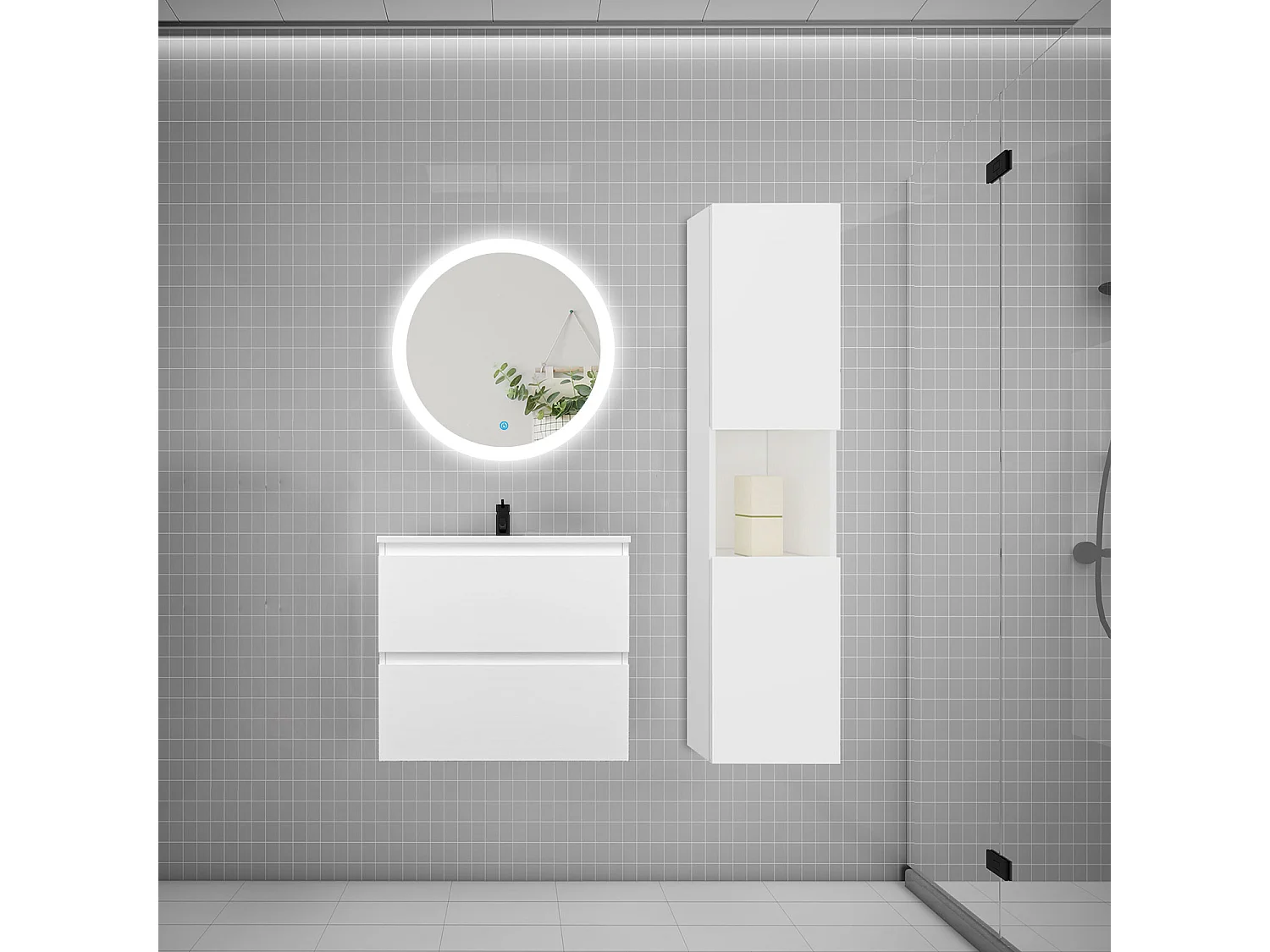 AICA Ensemble meuble vasque L.60cm 2 tiroirs + lavabo + LED miroir rond 60cm + colonne,blanc,design