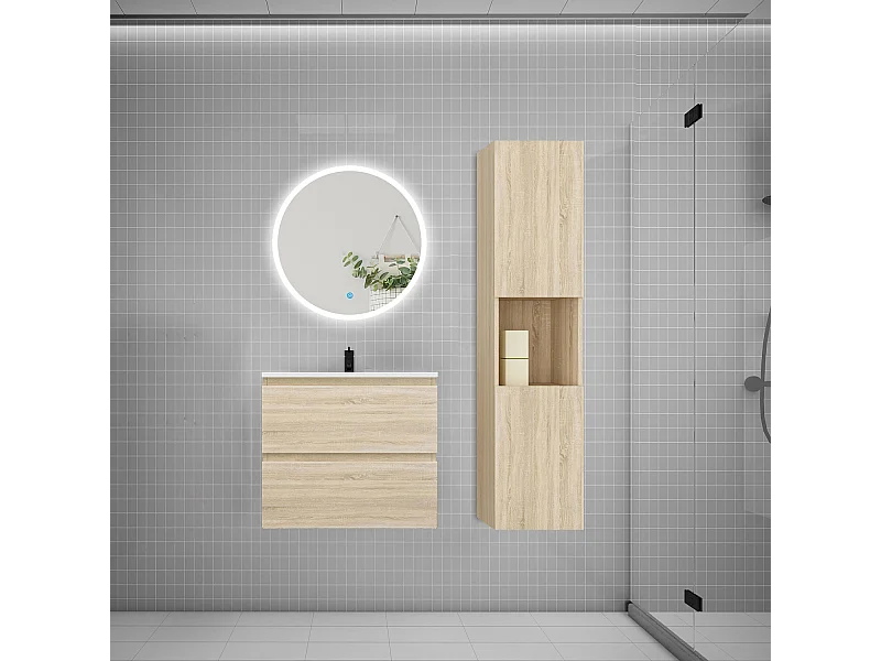AICA Ensemble meuble vasque L.60cm 2 tiroirs + lavabo + LED miroir rond 60cm + colonne,chêne
