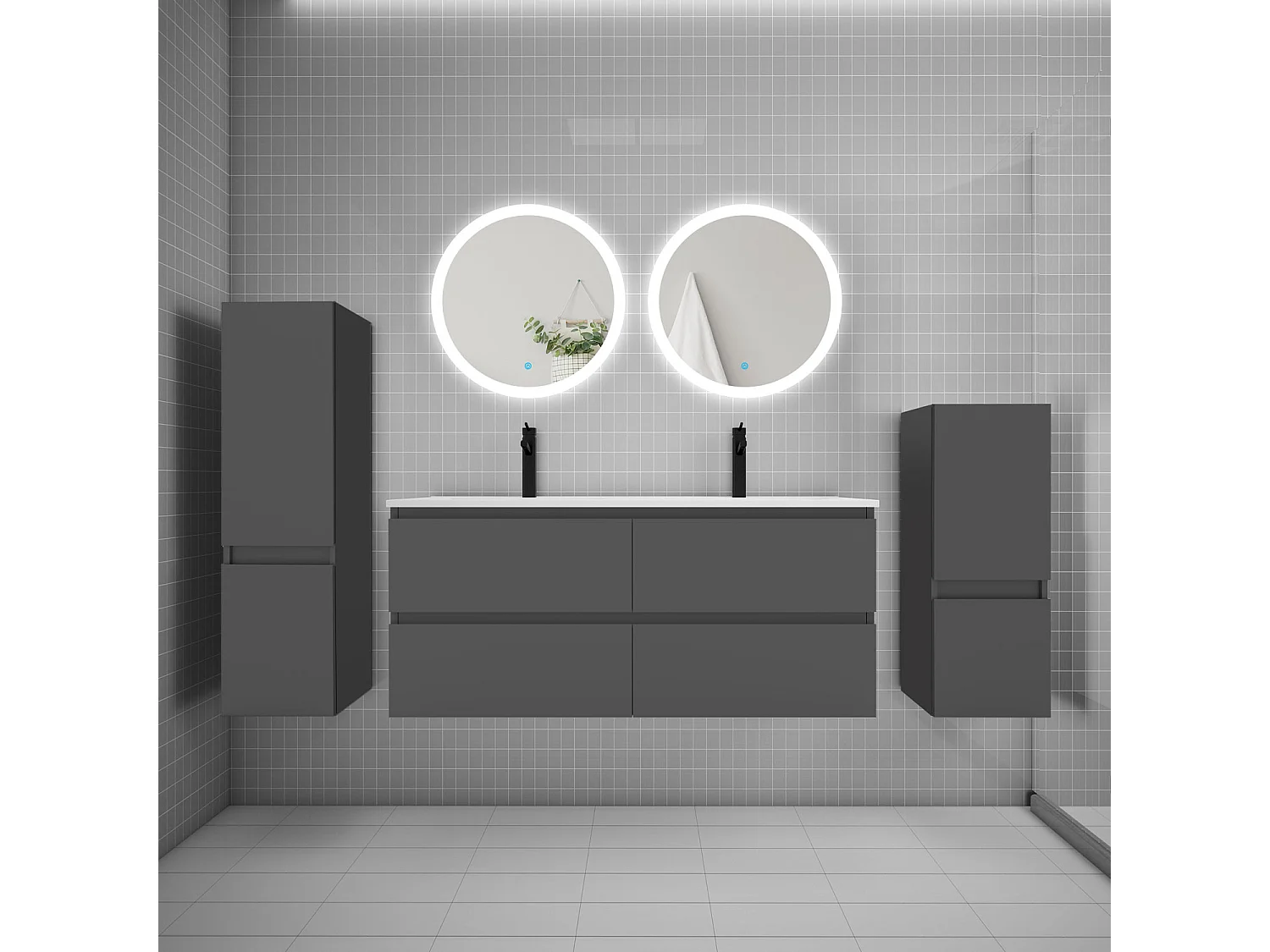 Ensemble meuble double vasque L.120cm 4 tiroirs + lavabo + 2*LED miroirs rond 60cm + 2*colonne,anthracite,easy