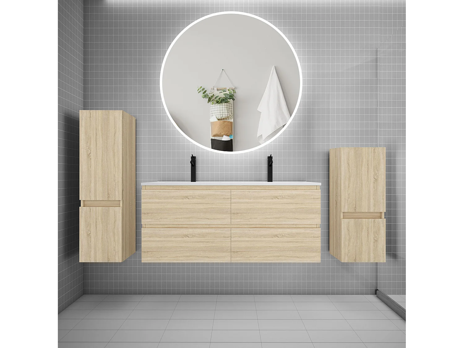 Ensemble meuble double vasque L.120cm 4 tiroirs + lavabo + LED miroir rond 120cm + 2*colonne,chêne