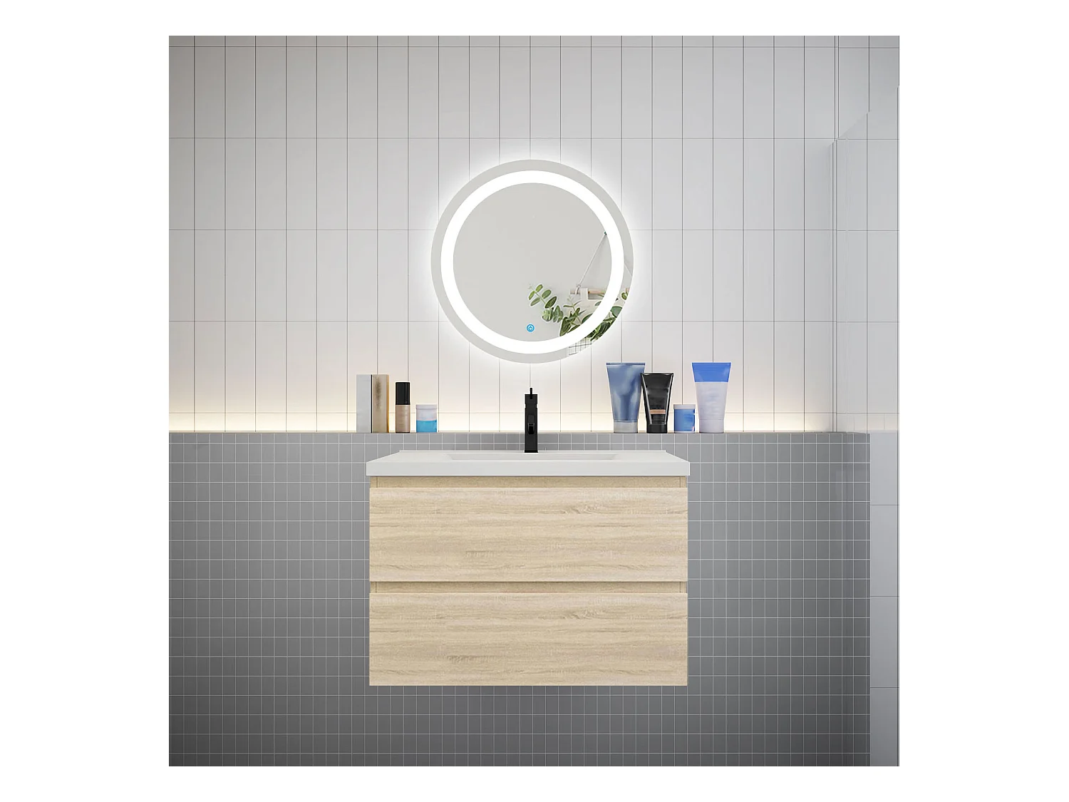 AICA Ensemble meuble de salle de bain Vasque 79cm + 2 tiroirs + lavabo + LED Miroir Rond 60cm, Chêne