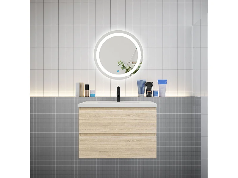 Ensemble meuble vasque L.79cm 2 tiroirs + lavabo + LED miroir rond 60cm,chêne,AICA design