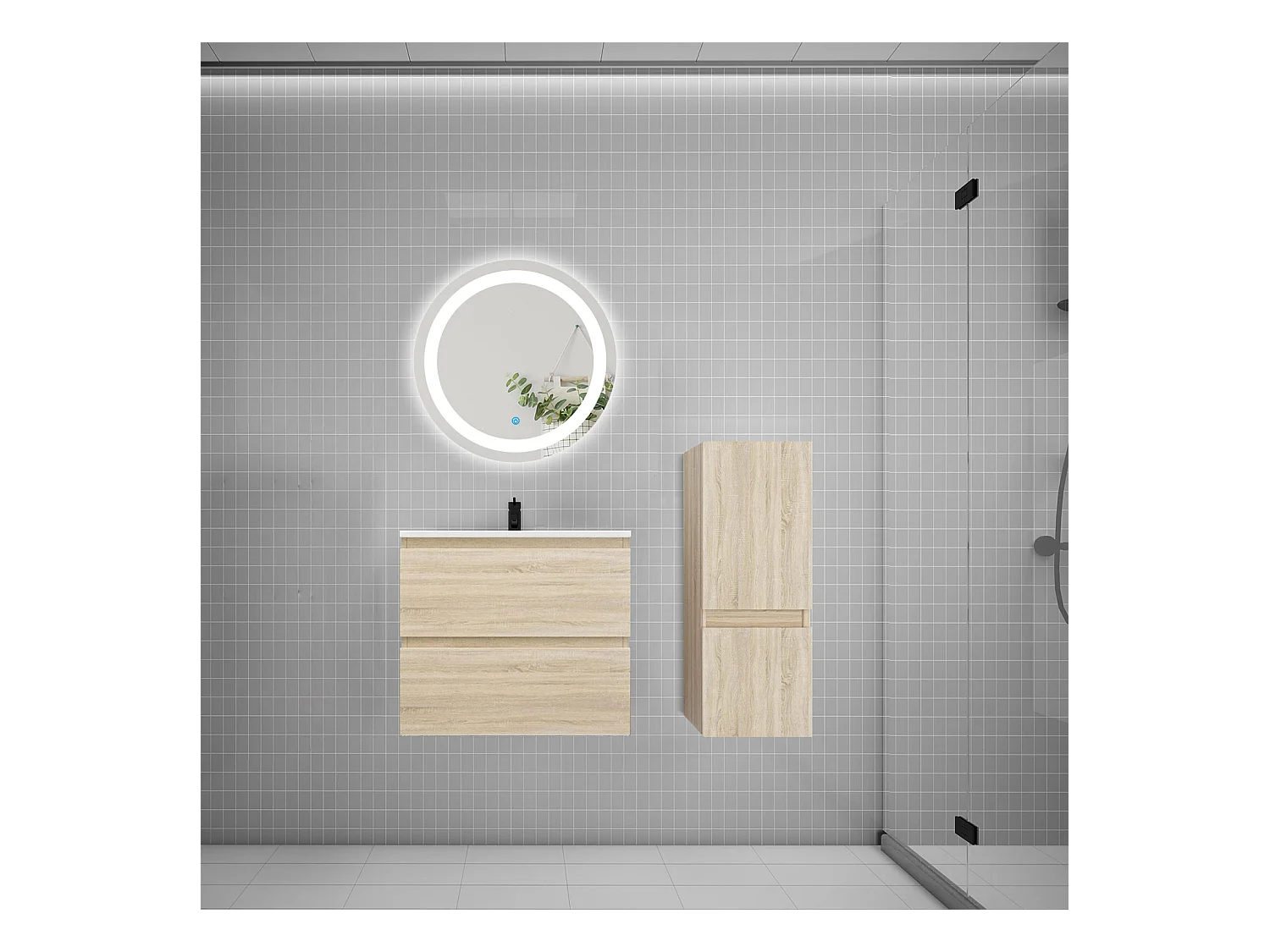 AICA Ensemble meuble de salle de bain Vasque 60cm + 2 tiroirs + lavabo + LED Miroir Rond 60cm + Colonne, Chêne