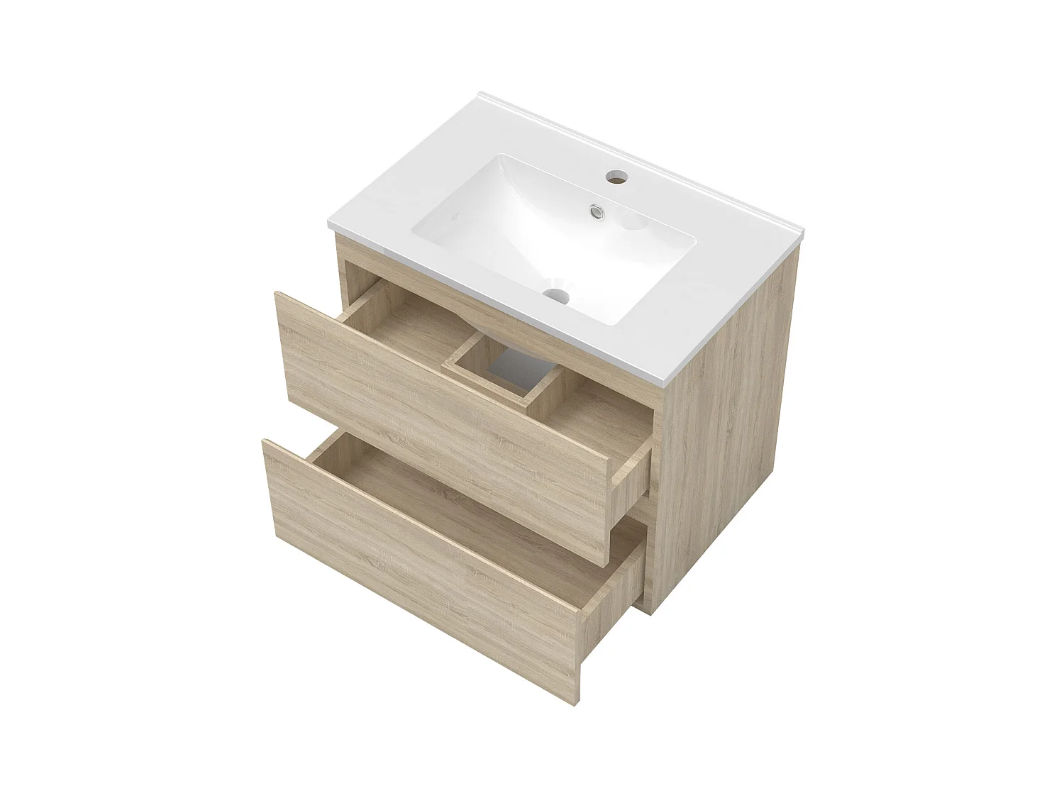 AICA Ensemble meuble de salle de bain Vasque 60cm + 2 tiroirs + lavabo + LED Miroir Rond 60cm + Colonne, Chêne