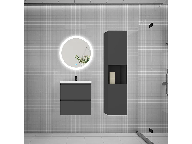 AICA Ensemble meuble de salle de bain Vasque L.50cm 2 tiroirs + lavabo + LED Miroir Rond 60cm + Colonne, Chêne