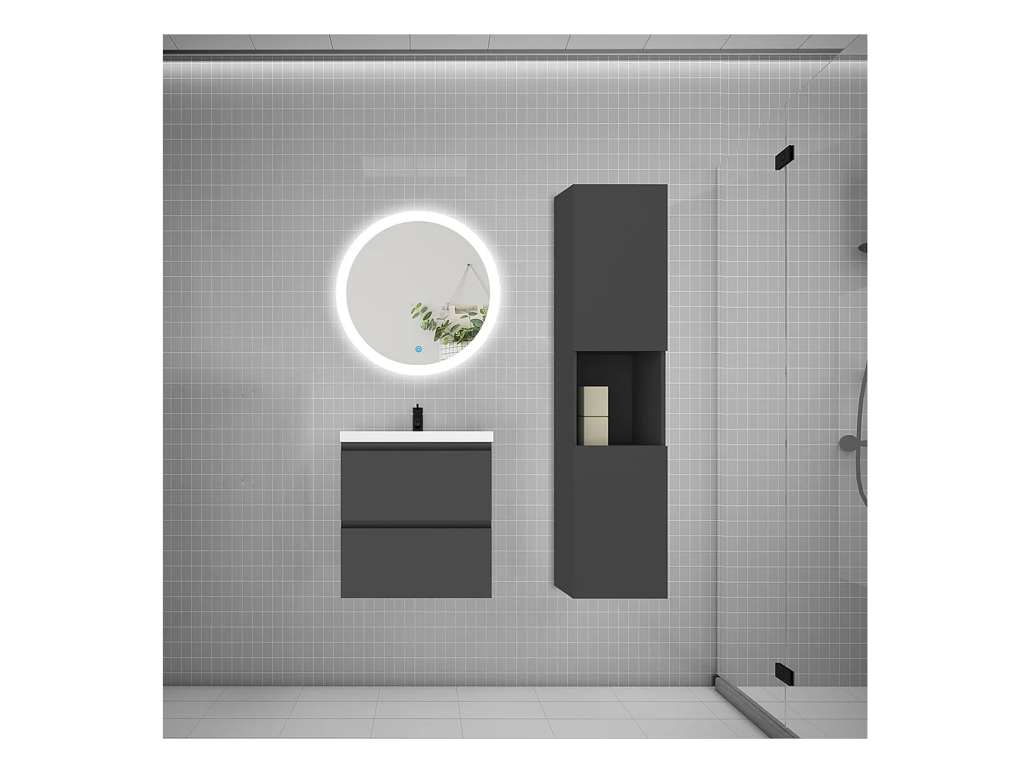 AICA Ensemble meuble de salle de bain Vasque L.50cm 2 tiroirs + lavabo + LED Miroir Rond 60cm + Colonne, Chêne