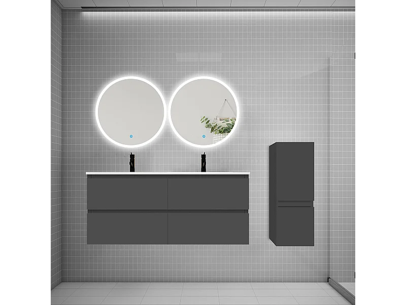 Ensemble meuble double vasque L.120cm 4 tiroirs + lavabo + 2 LED miroirs rond 60cm + colonne,anthracite