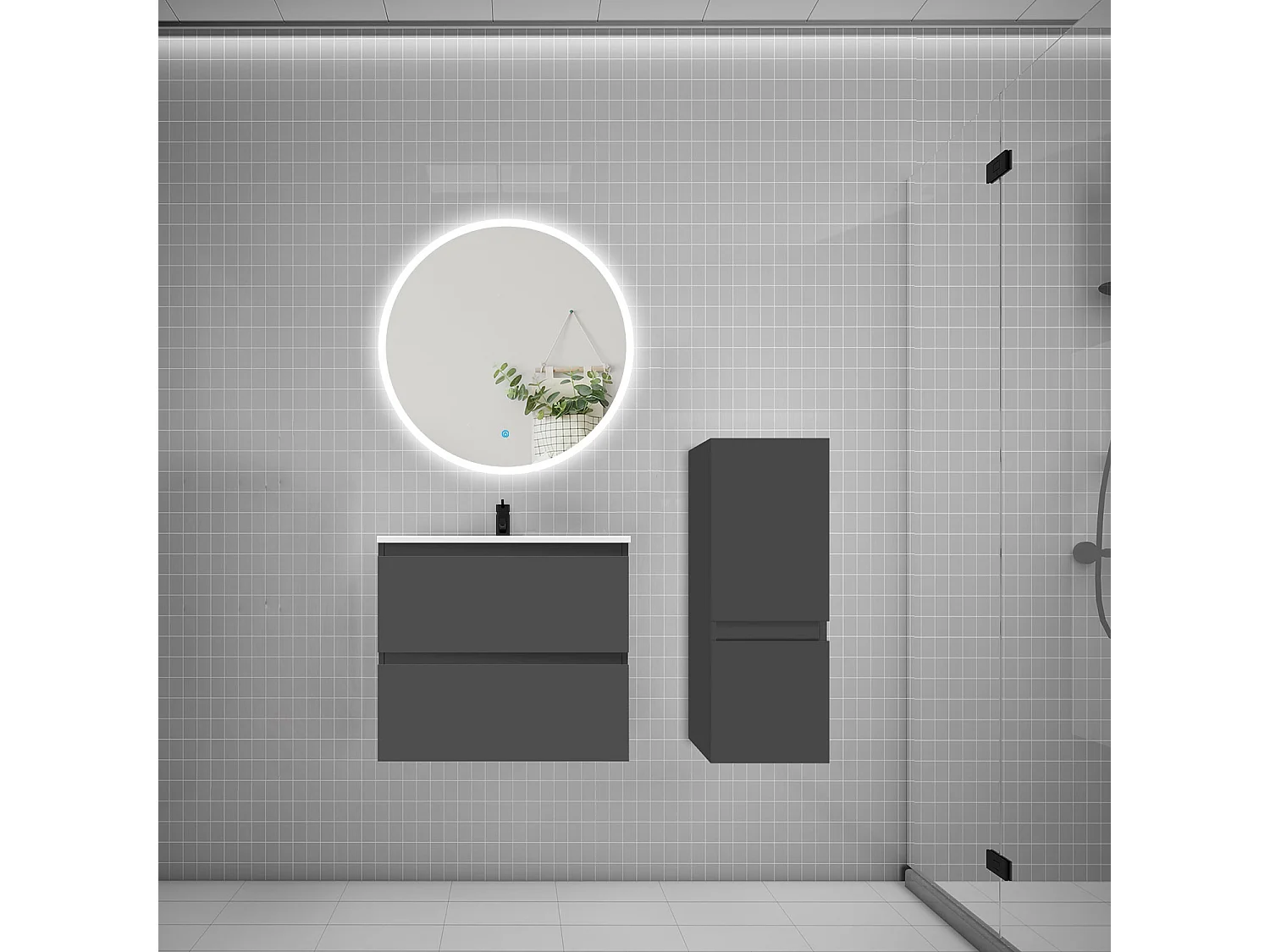 Ensemble meuble vasque L.60cm 2 tiroirs + lavabo + LED miroir rond 70cm + colonne,anthracite