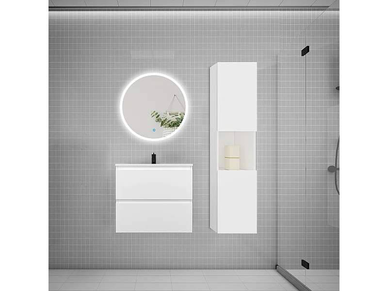 AICA Ensemble meuble de salle de bain Vasque L.60cm 2 tiroirs + lavabo + LED Miroir Rond 60cm + Colonne,Blanc