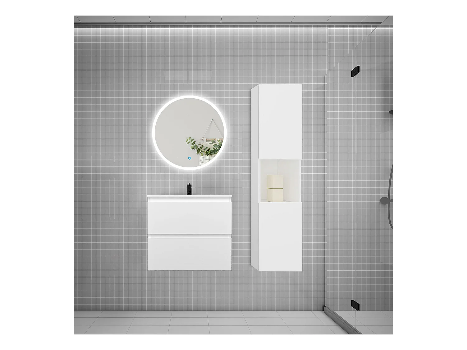 AICA Ensemble meuble de salle de bain Vasque L.60cm 2 tiroirs + lavabo + LED Miroir Rond 60cm + Colonne,Blanc