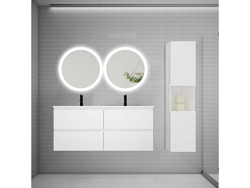 AICA Ensemble meuble de salle de bain double Vasque 120cm avec 4 tiroirs + lavabo + 2*LED Miroirs Rond 60cm + Colonne,Blanc