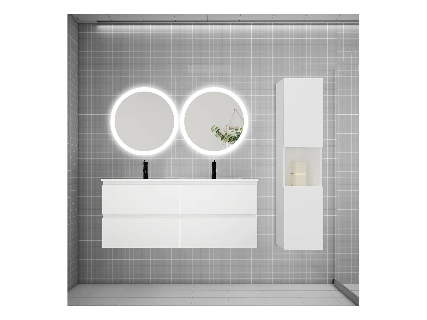 AICA Ensemble meuble de salle de bain double Vasque 120cm avec 4 tiroirs + lavabo + 2*LED Miroirs Rond 60cm + Colonne,Blanc