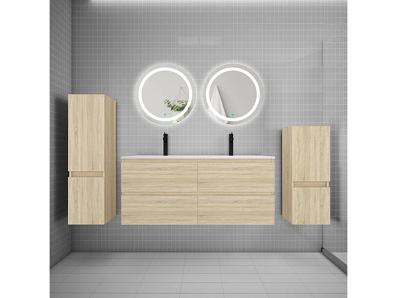 Ensemble meuble double vasque L.120cm 4 tiroirs + lavabo + 2*LED miroirs rond 60cm + 2*colonne,chêne design
