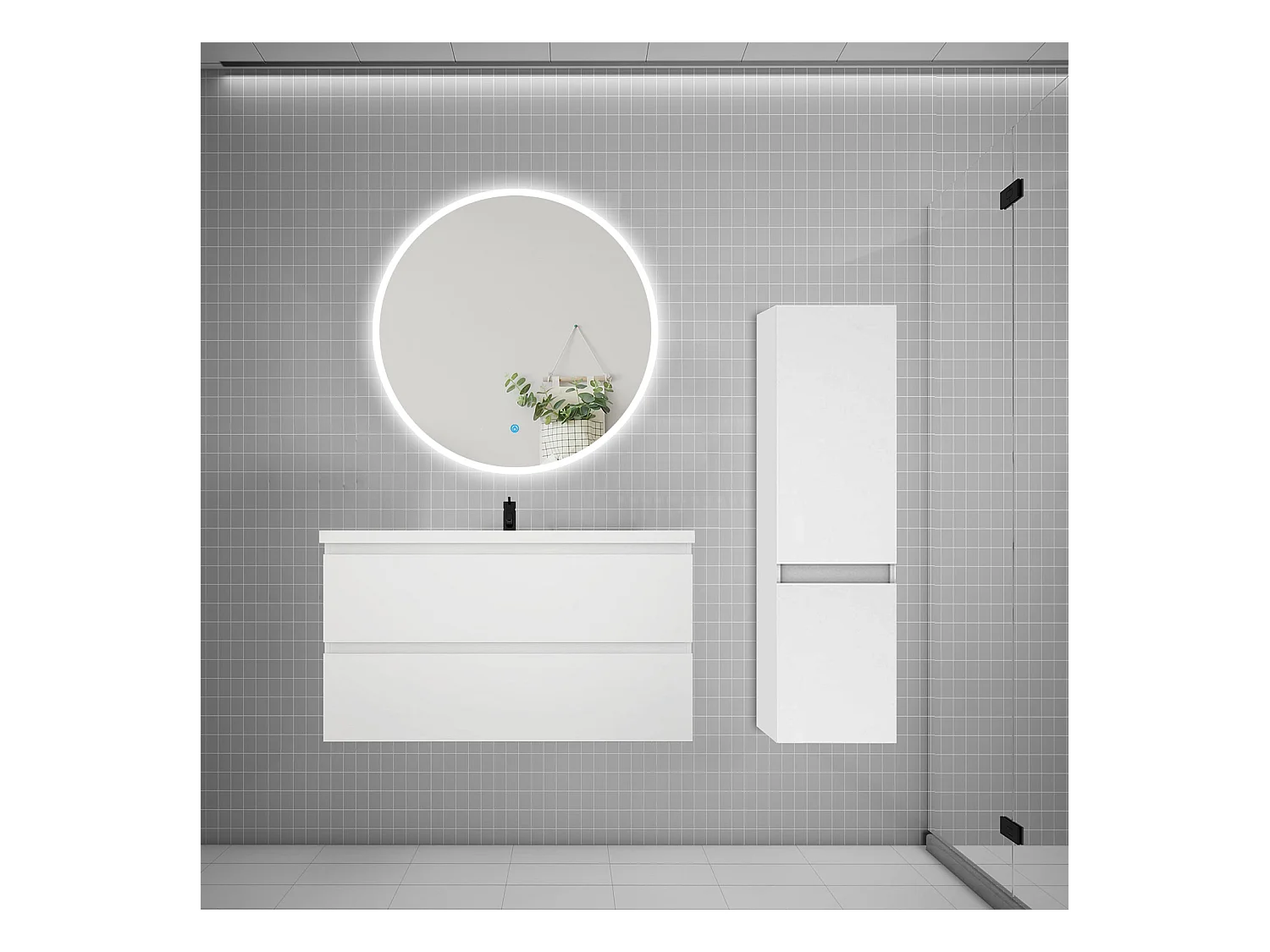 AICA Ensemble meuble de salle de bain Vasque L.99cm 2 tiroirs + lavabo + LED Miroir Rond 90cm + Colonne,Blanc