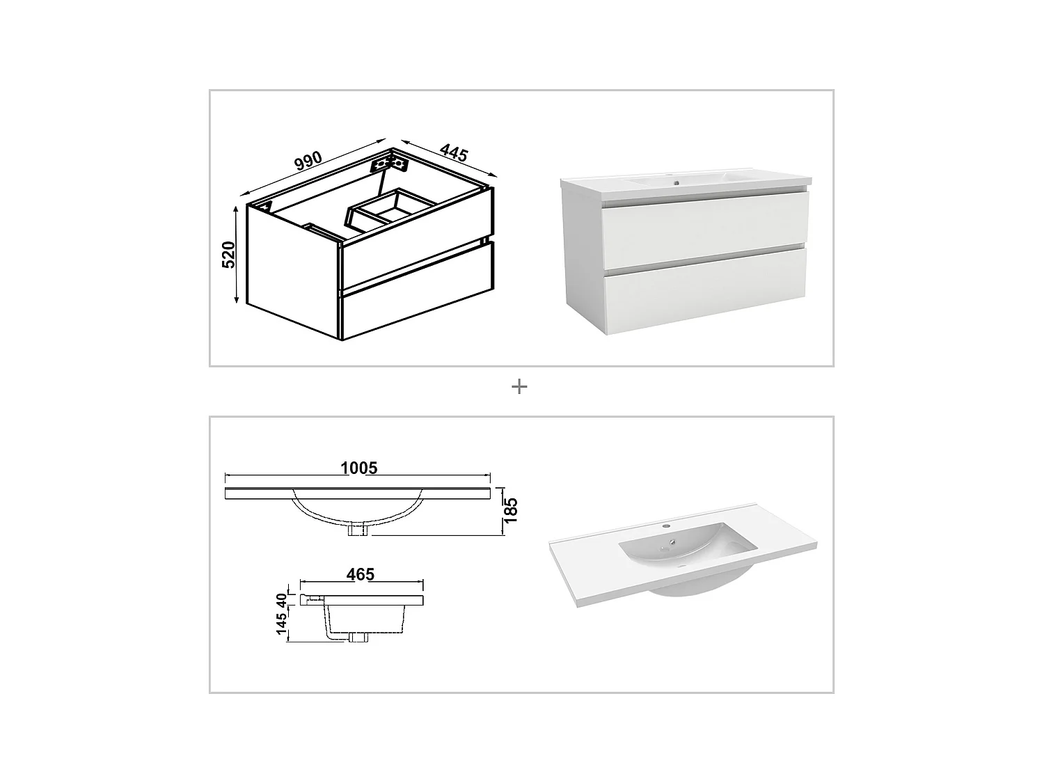 AICA Ensemble meuble de salle de bain Vasque L.99cm 2 tiroirs + lavabo + LED Miroir Rond 90cm + Colonne,Blanc