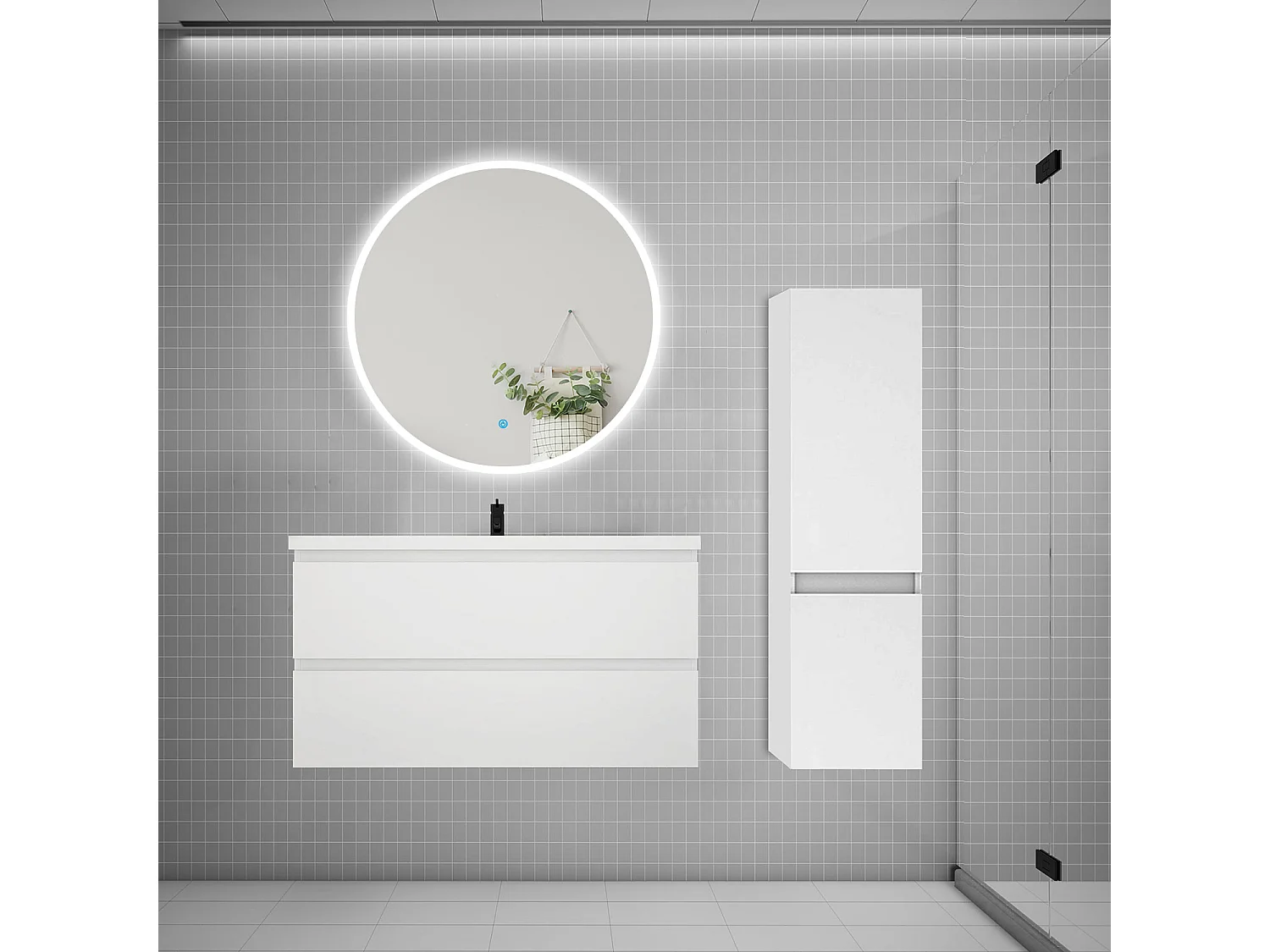Ensemble meuble vasque L.99cm 2 tiroirs + lavabo + LED miroir rond 90cm + colonne A,blanc