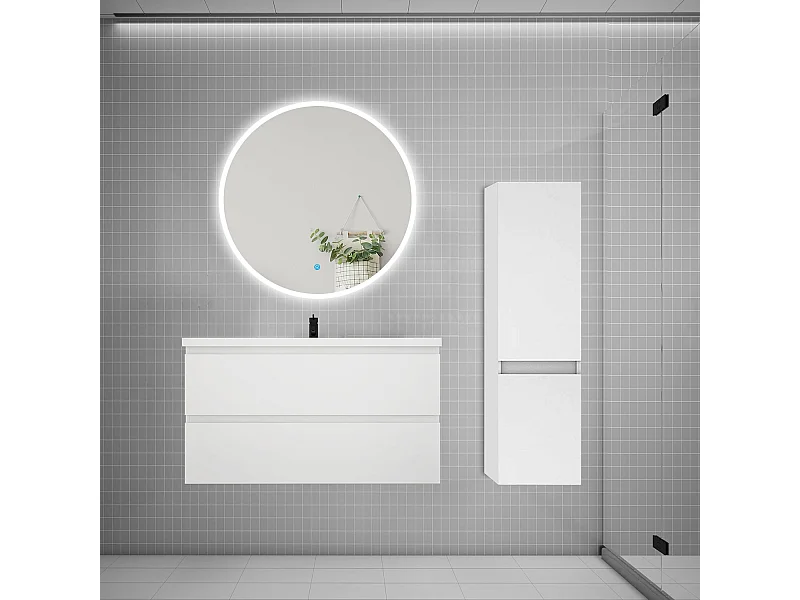 Ensemble meuble vasque L.99cm 2 tiroirs + lavabo + LED miroir rond 90cm + colonne A,blanc