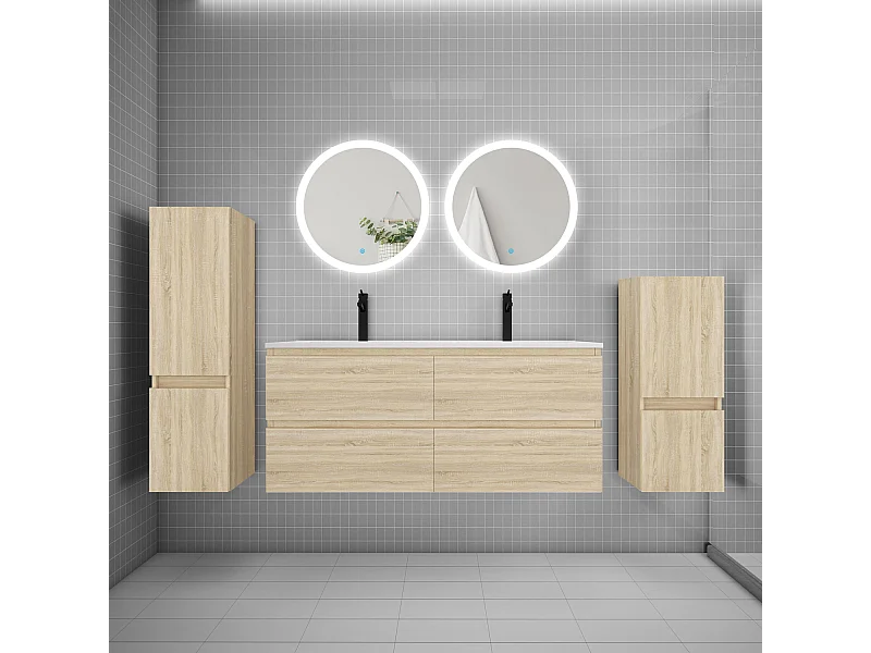 Ensemble meuble double vasque L.120cm 4 tiroirs + lavabo + 2*LED miroirs rond 60cm + 2*colonne,chêne,easy