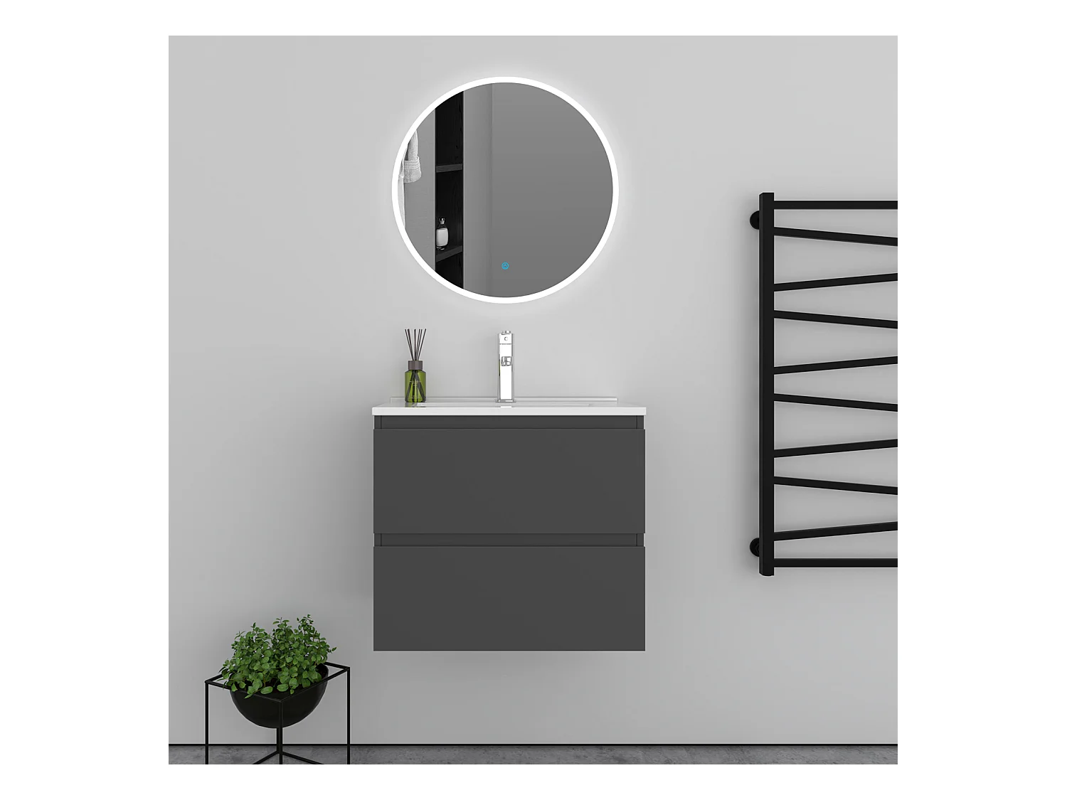 AICA Ensemble meuble de salle de bain Vasque L.60cm 2 tiroirs + lavabo + LED Miroir Rond 60cm, Anthracite