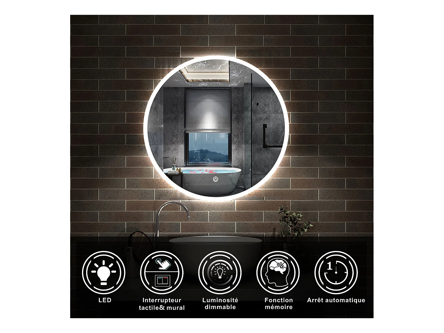 AICA Ensemble meuble de salle de bain Vasque L.60cm 2 tiroirs + lavabo + LED Miroir Rond 60cm, Anthracite